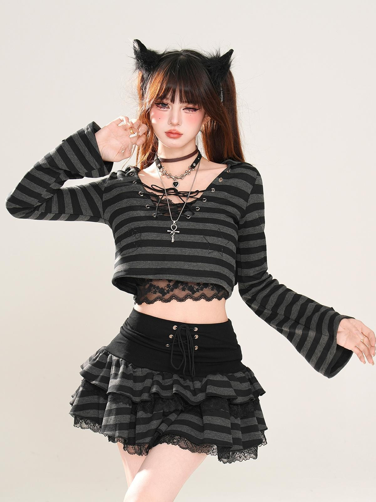 kelly kitty American Retro Striped Hooded Long Sleeve Lace Women&
