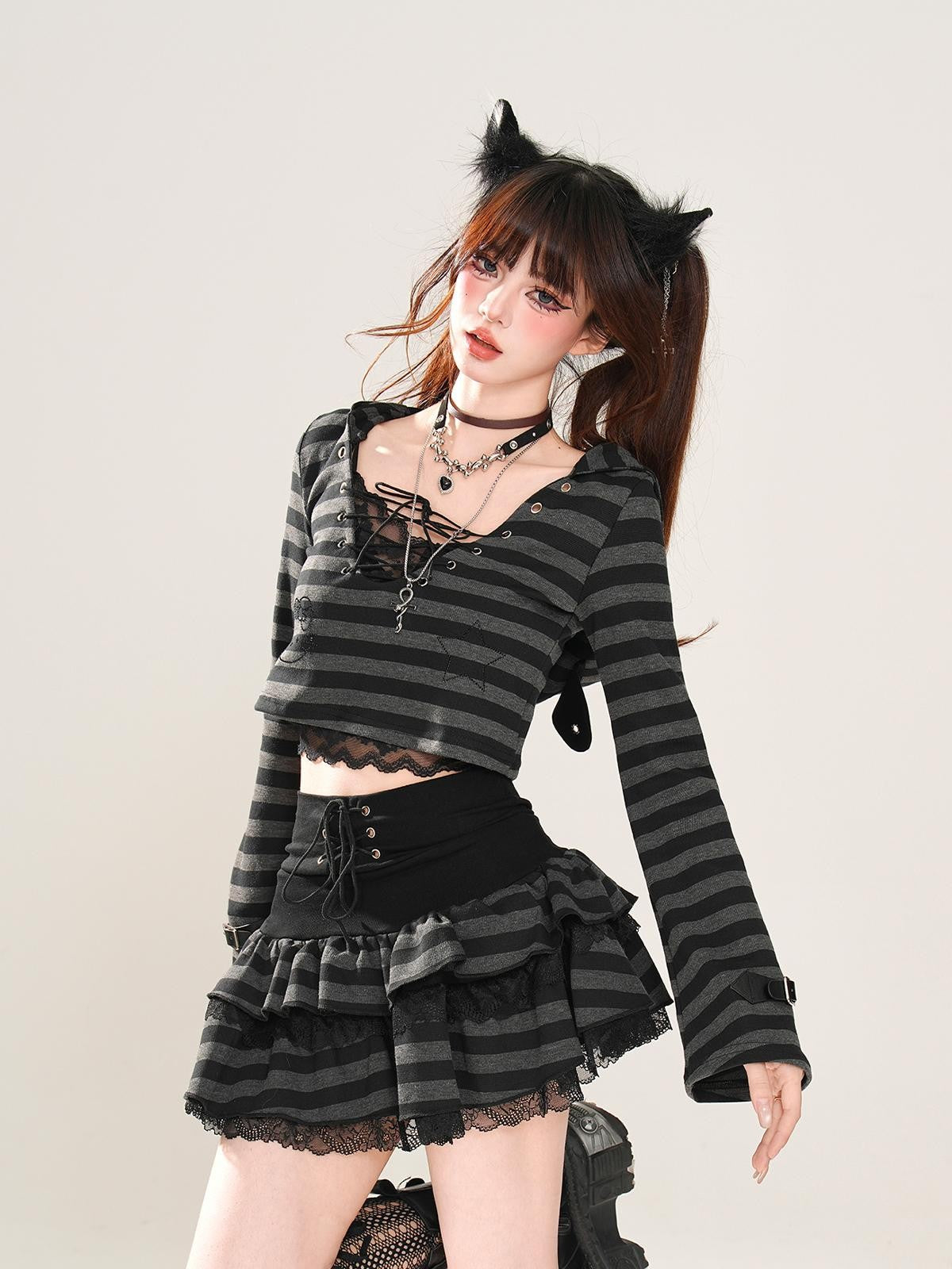 kelly kitty American Retro Striped Hooded Long Sleeve Lace Women&