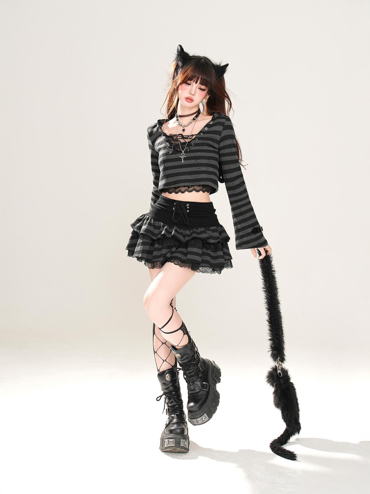 kelly kitty American Retro Striped Hooded Long Sleeve Lace Women&