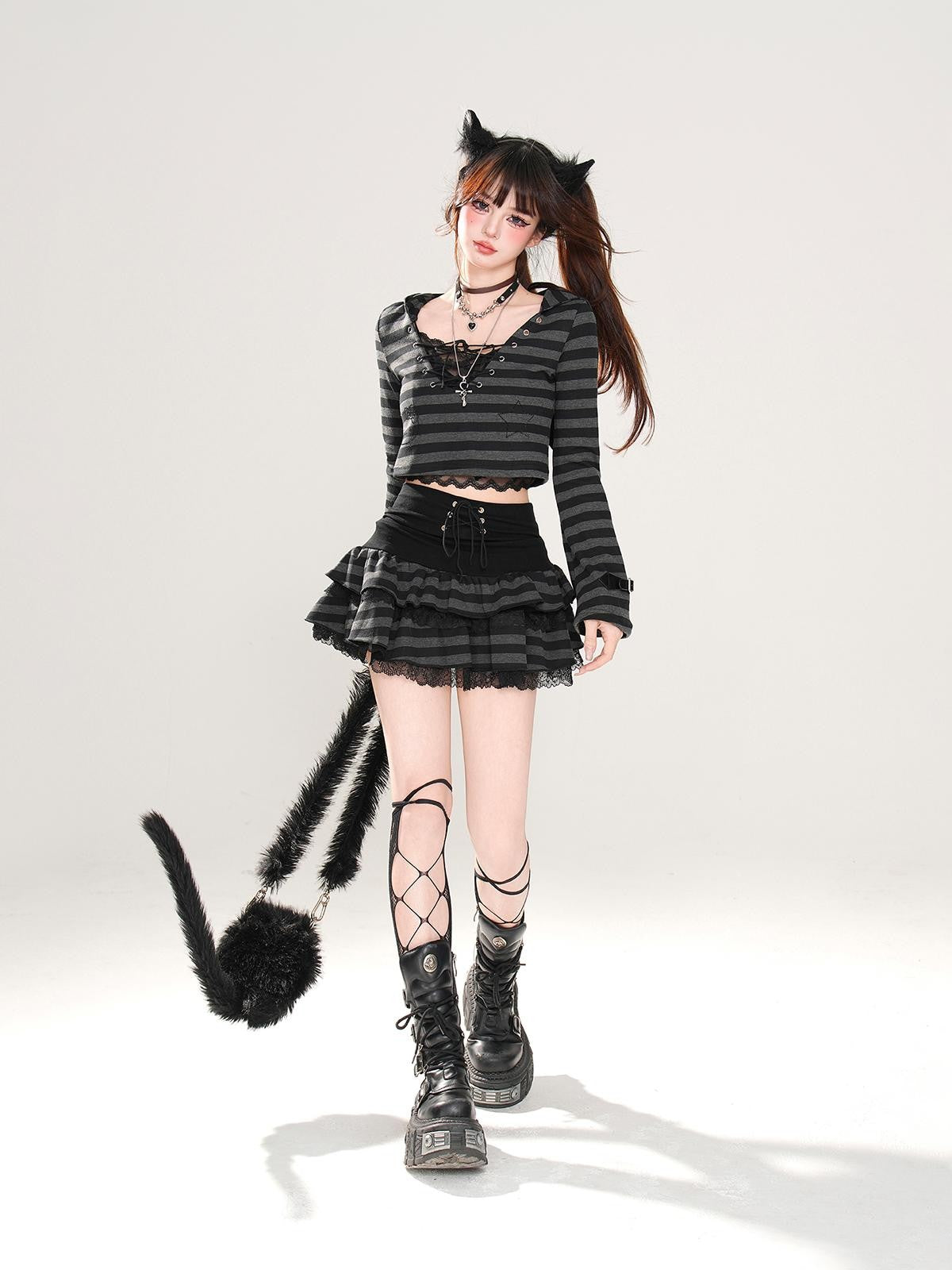 kelly kitty American Retro Striped Hooded Long Sleeve Lace Women&