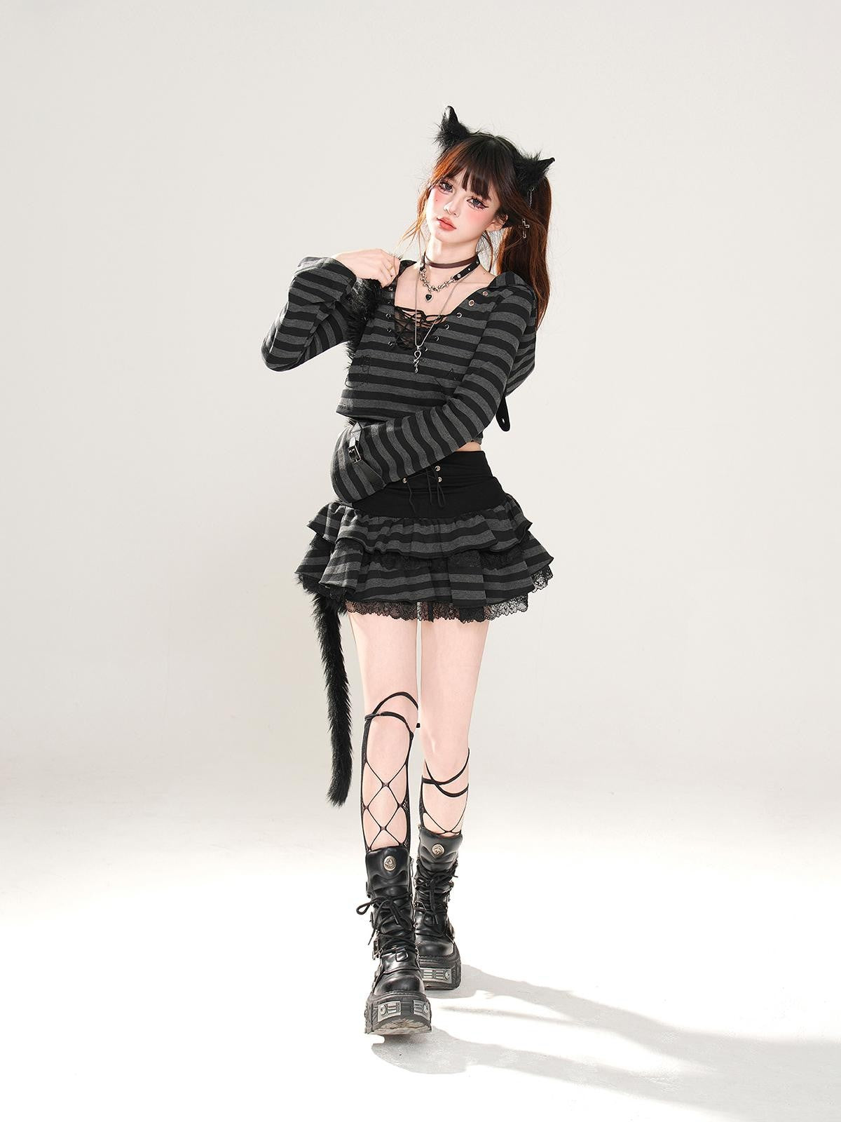 kelly kitty American Retro Striped Hooded Long Sleeve Lace Women&