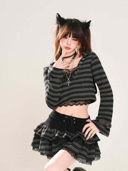 kelly kitty American Retro Striped Hooded Long Sleeve Lace Women&
