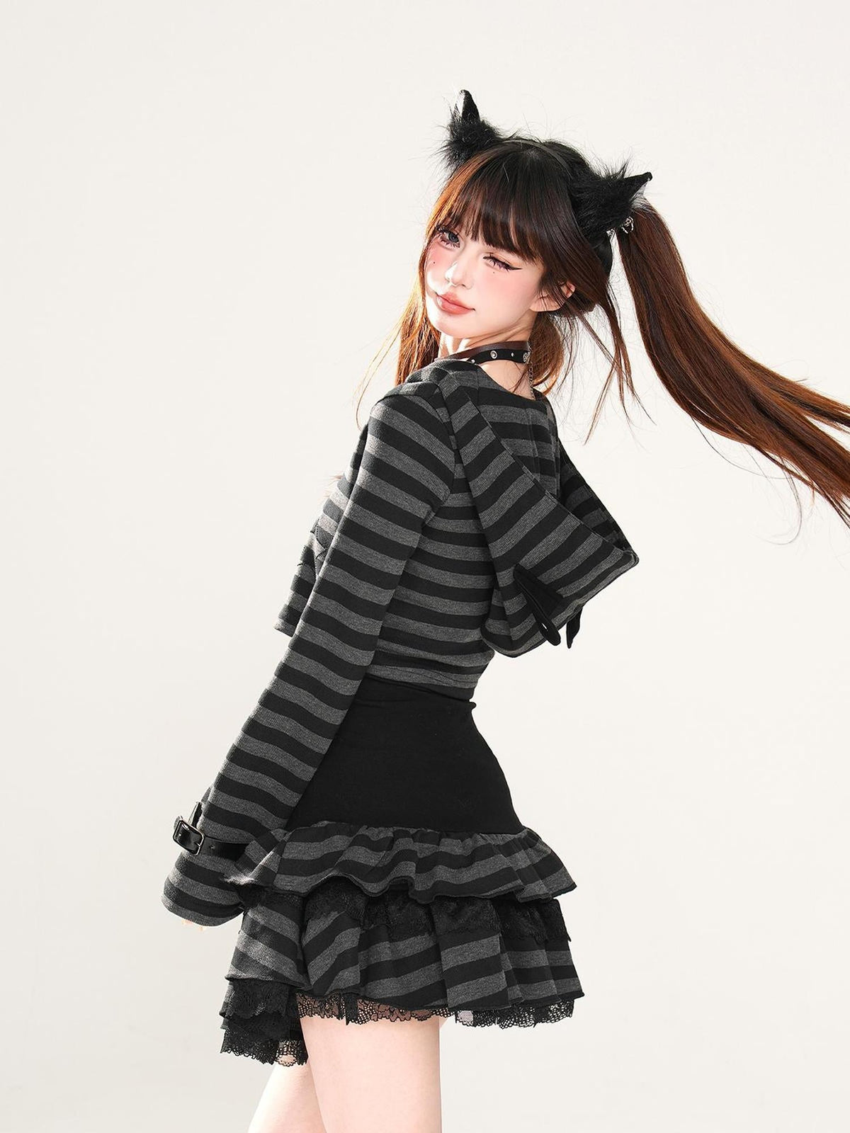 kelly kitty American Retro Striped Hooded Long Sleeve Lace Women&