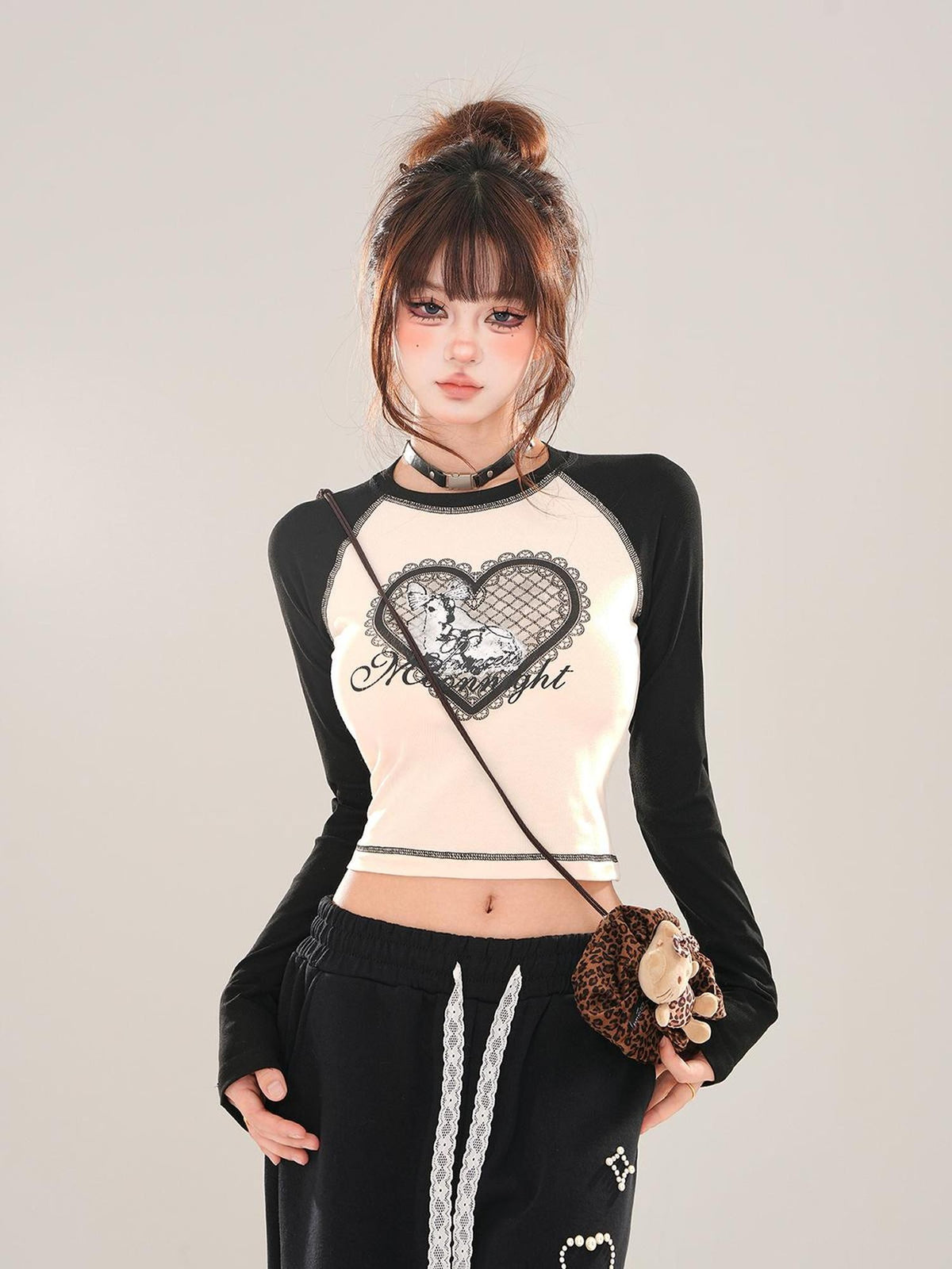kelly kitty Animal Print Crew Neck Raglan Women&