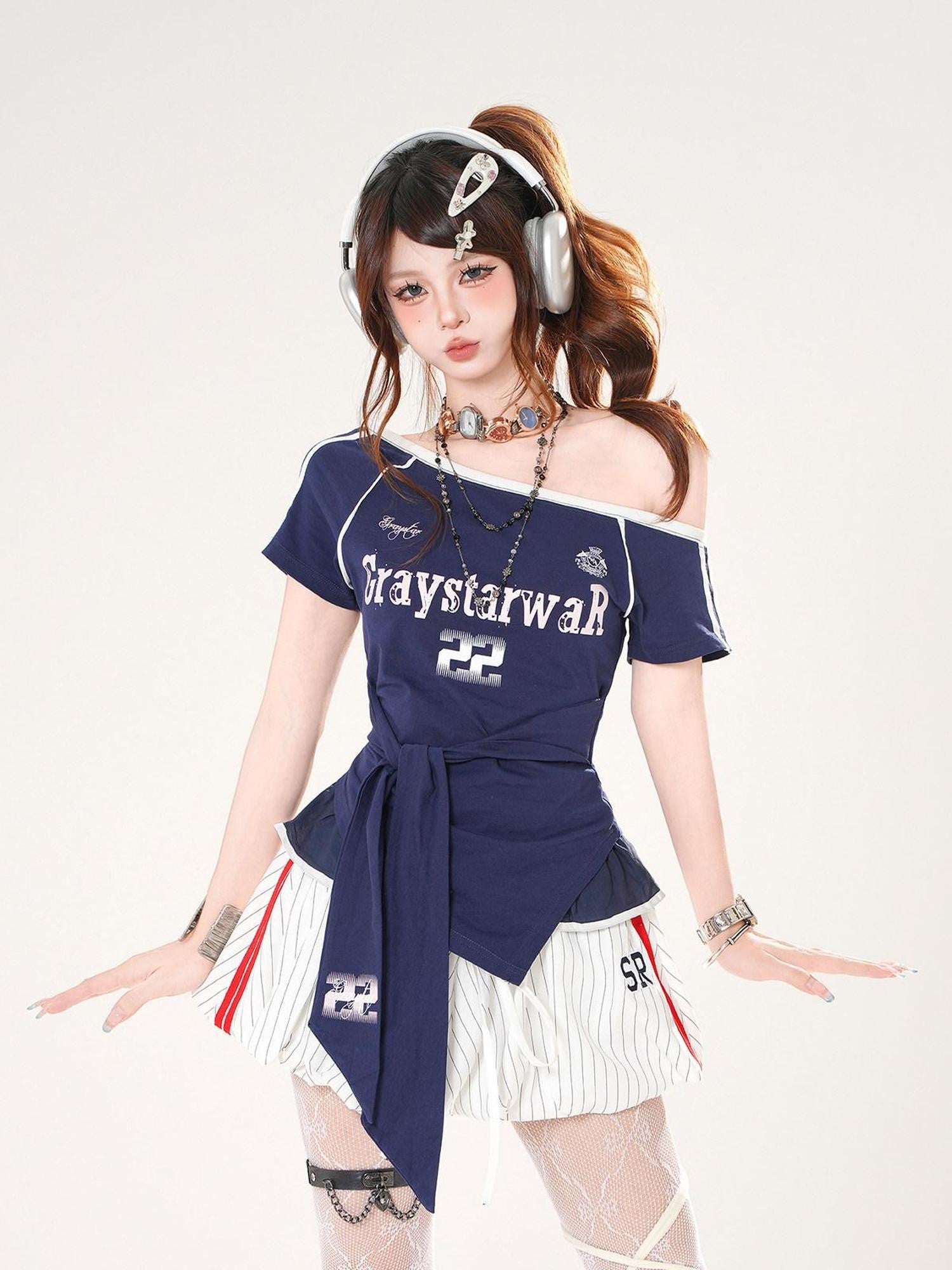 kelly kitty Asymmetric Shoulder Waist Cinch Slim Sleeve Women&