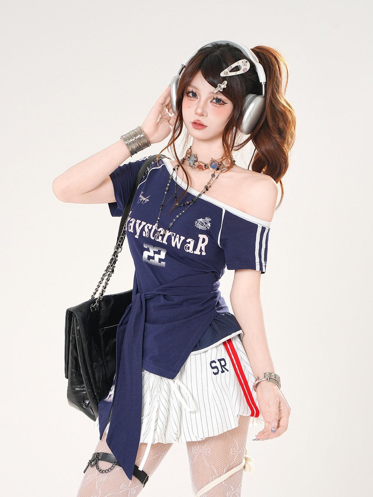 kelly kitty Asymmetric Shoulder Waist Cinch Slim Sleeve Women&