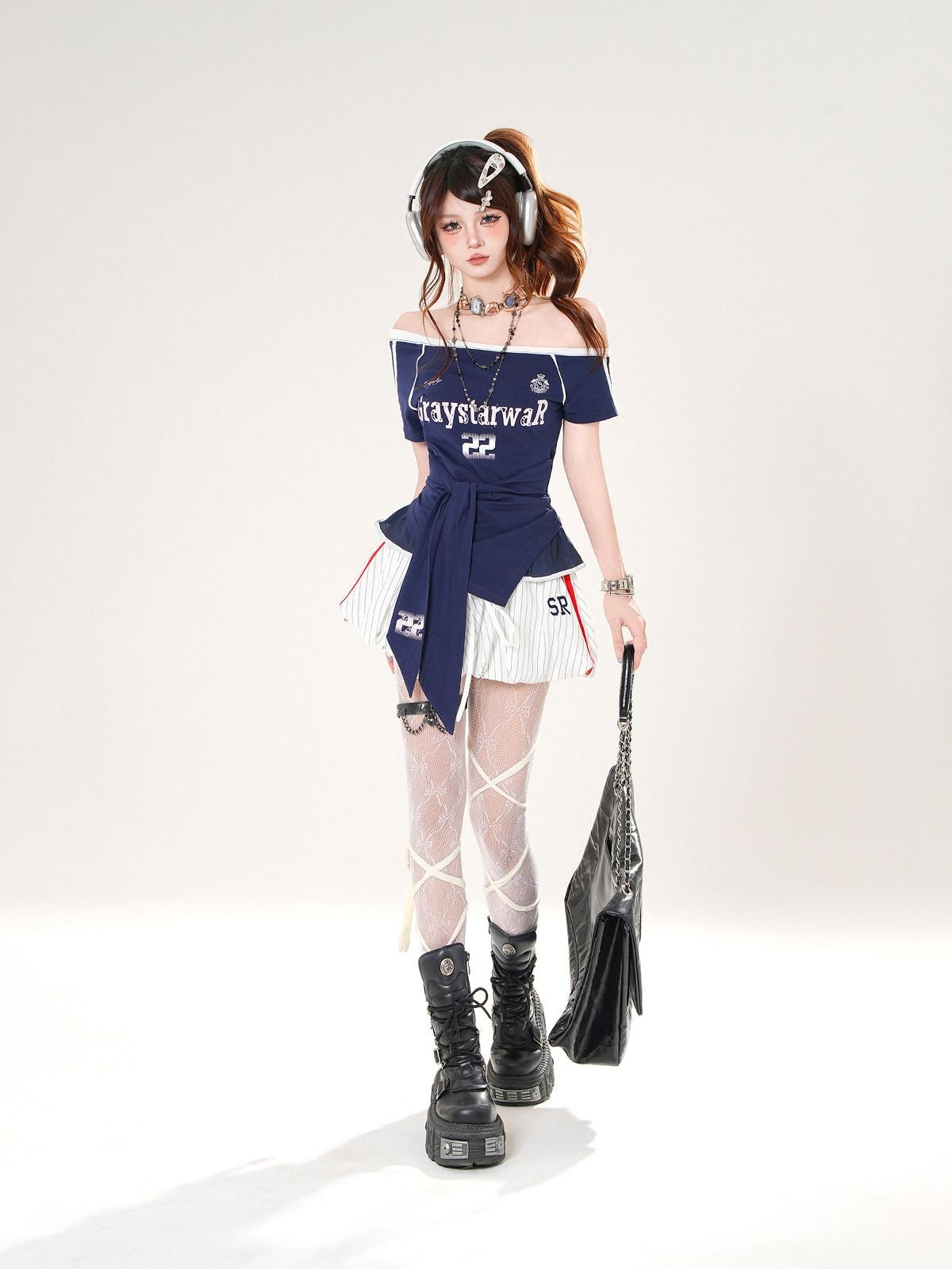 kelly kitty Asymmetric Shoulder Waist Cinch Slim Sleeve Women&