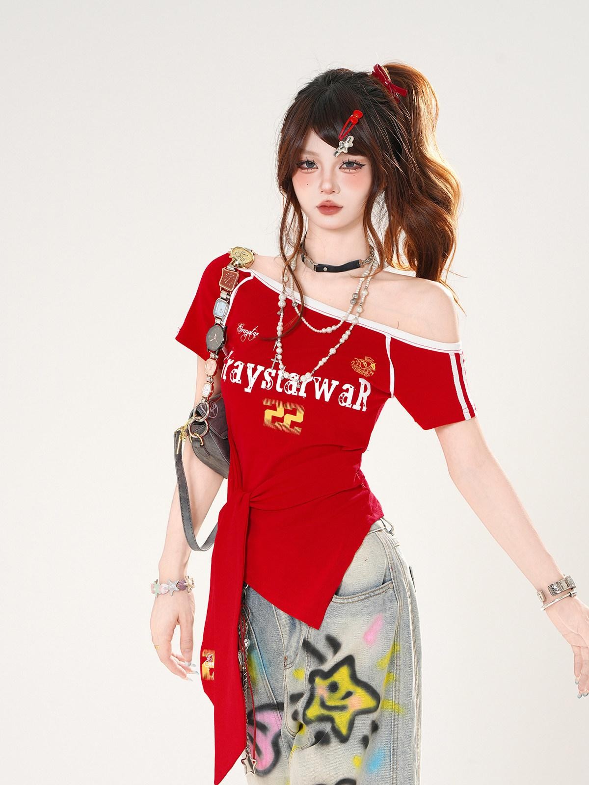 kelly kitty Asymmetric Shoulder Waist Cinch Slim Sleeve Women&