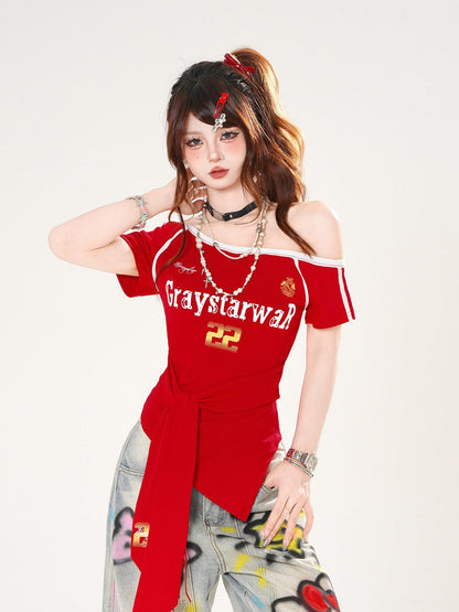 kelly kitty Asymmetric Shoulder Waist Cinch Slim Sleeve Women&