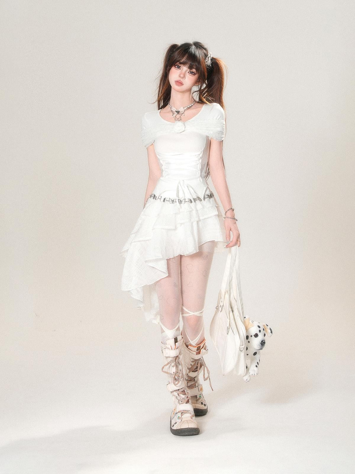 kelly kitty Asymmetrical French Lace Tiered High Waist Women&