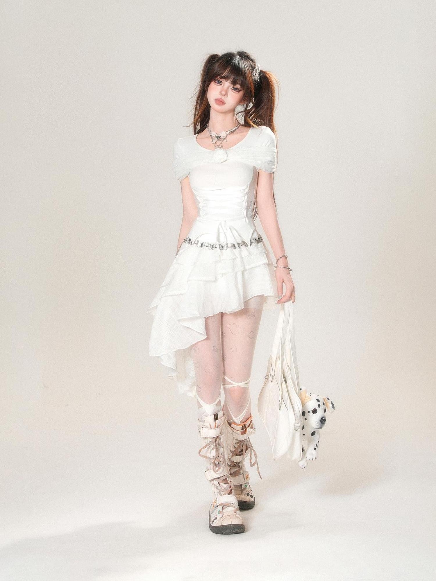 kelly kitty Asymmetrical French Lace Tiered High Waist Women&