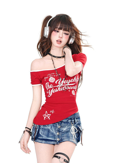 kelly kitty Asymmetrical Slanted Short Sleeve Slim Fit Women&