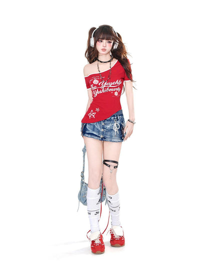 kelly kitty Asymmetrical Slanted Short Sleeve Slim Fit Women&