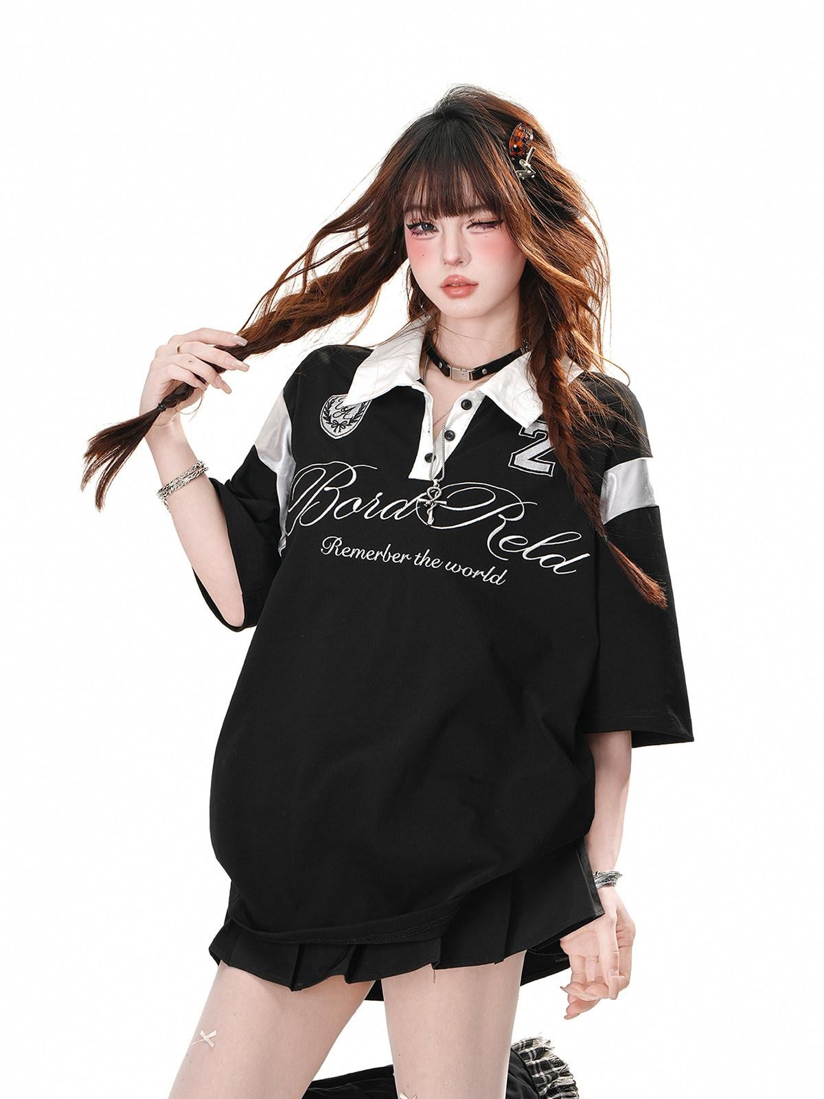 kelly kitty Black Preppy Sport Short Sleeve Slimming Women&