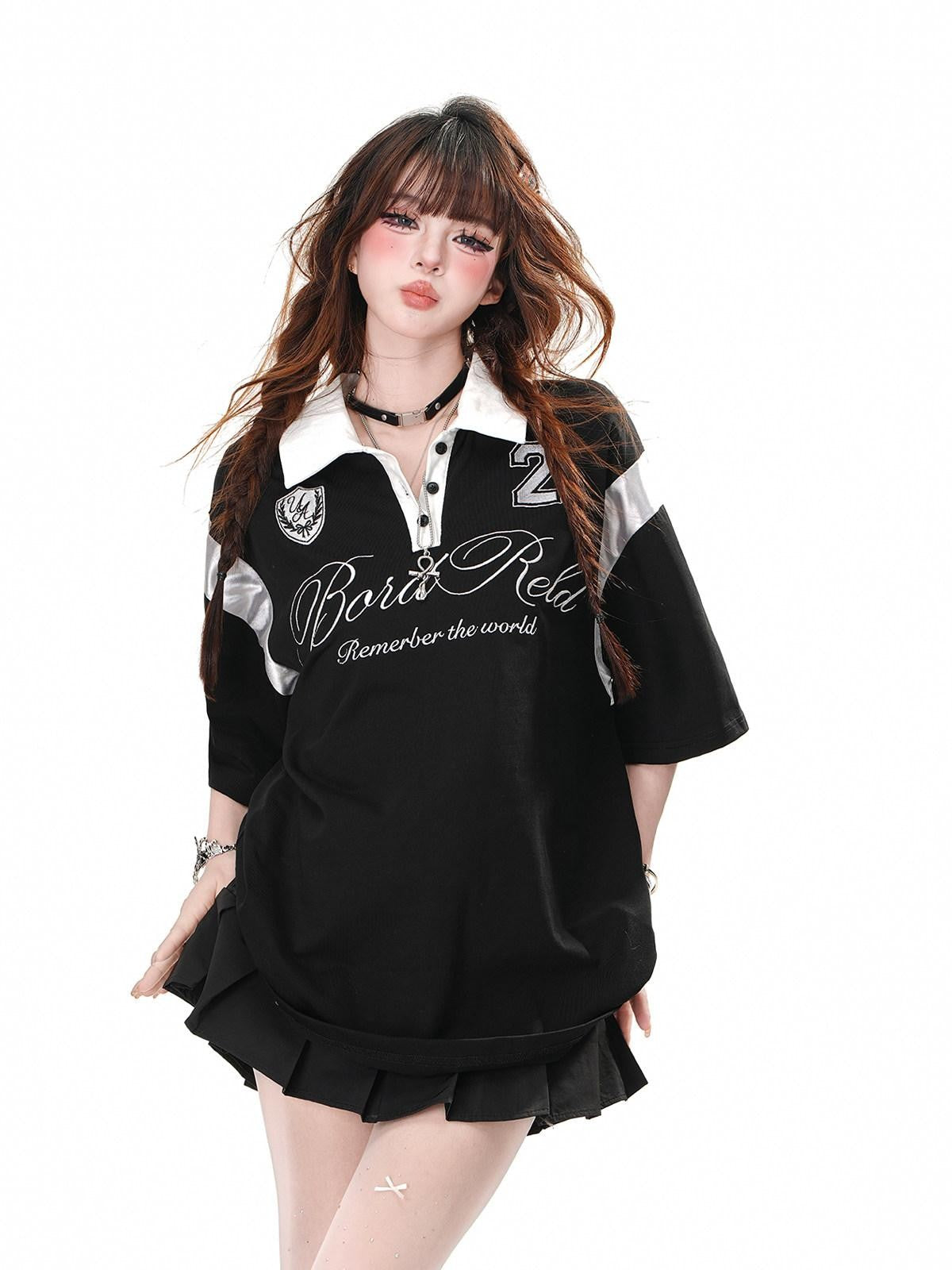 kelly kitty Black Preppy Sport Short Sleeve Slimming Women&