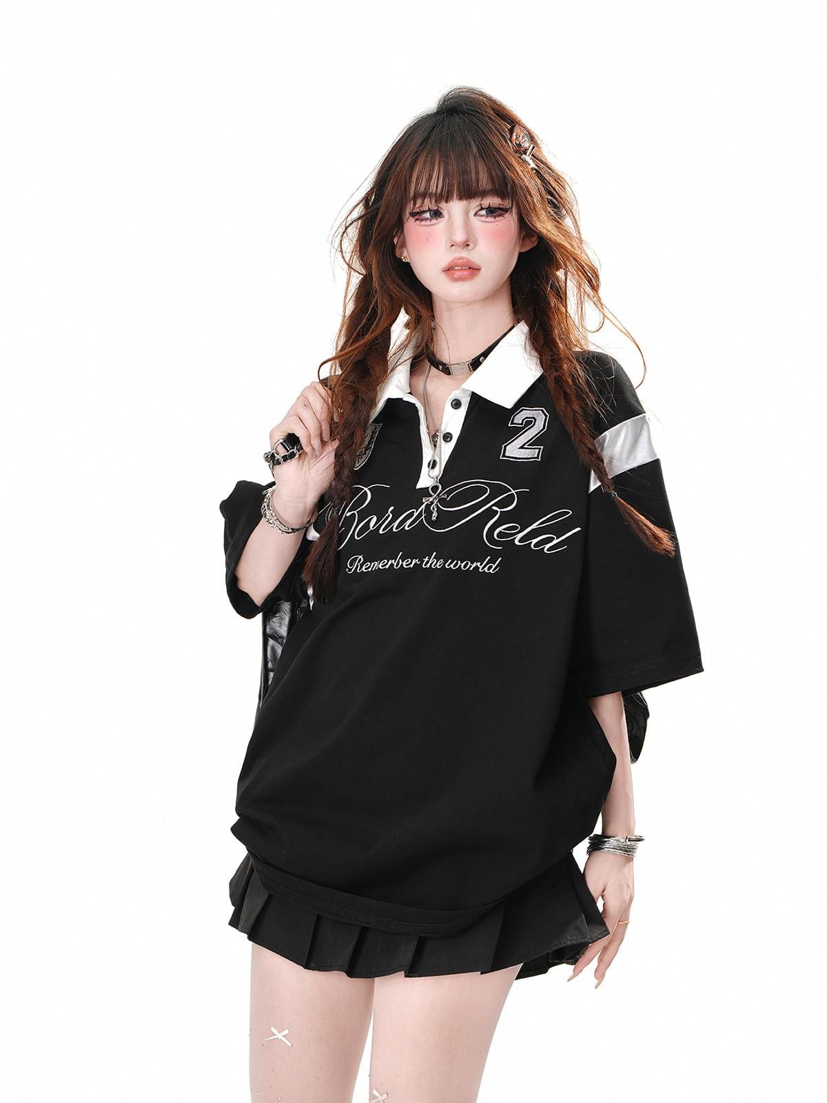 kelly kitty Black Preppy Sport Short Sleeve Slimming Women&