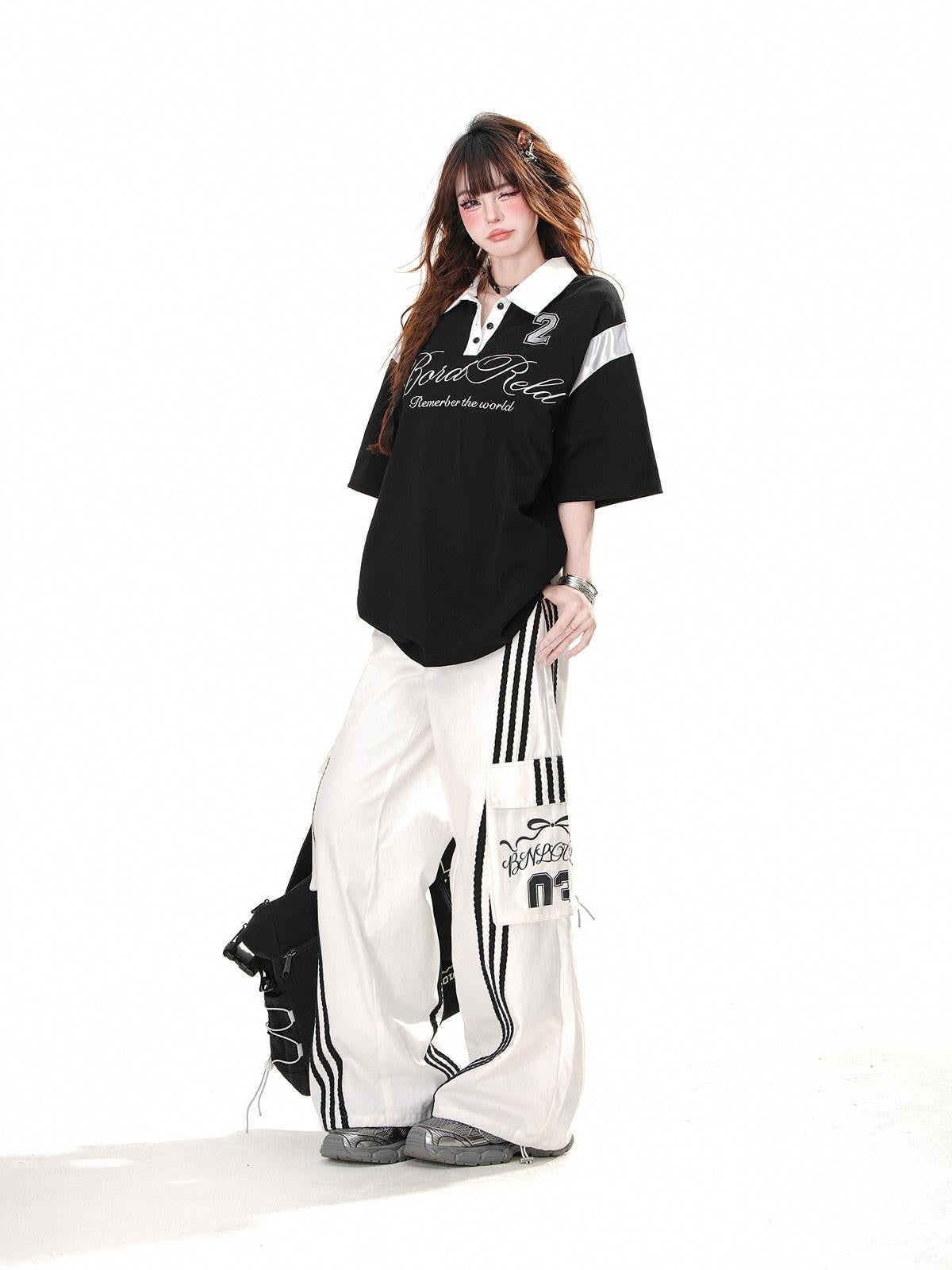 kelly kitty Black Preppy Sport Short Sleeve Slimming Women&