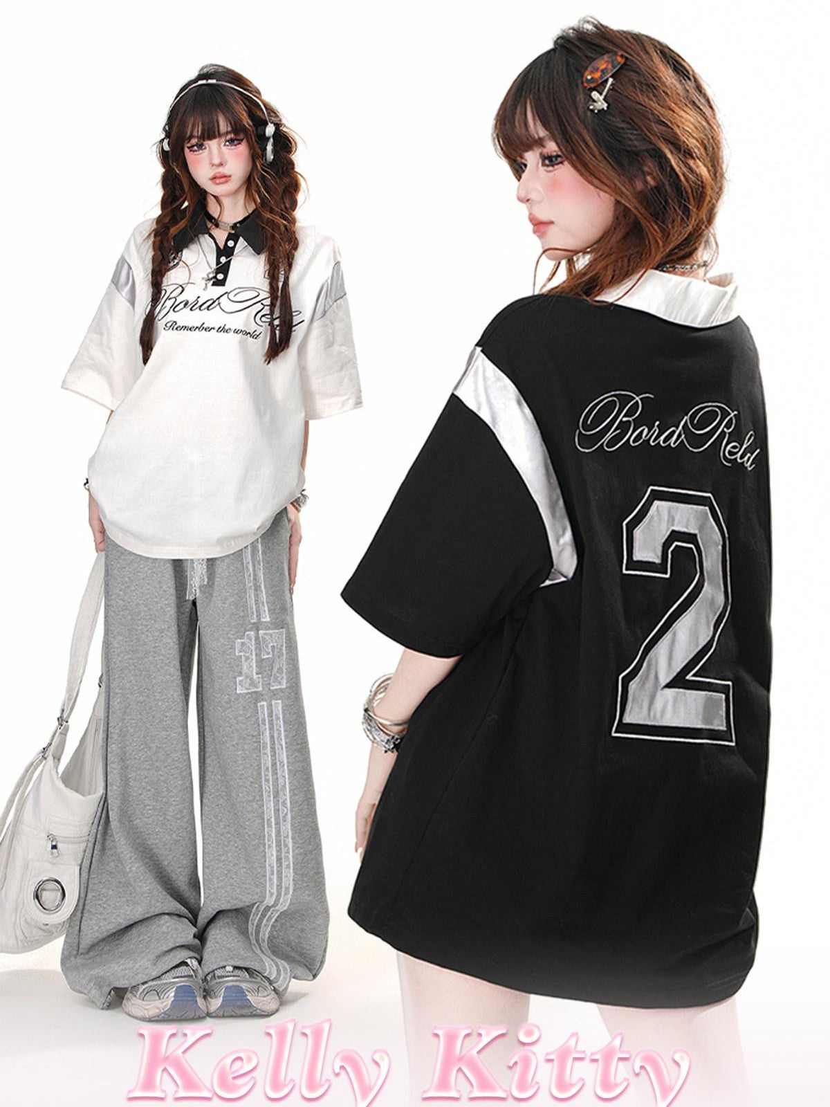 kelly kitty Black Preppy Sport Short Sleeve Slimming Women&