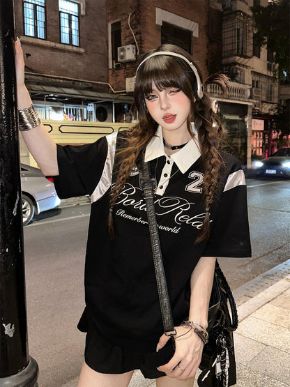 kelly kitty Black Preppy Sport Short Sleeve Slimming Women&
