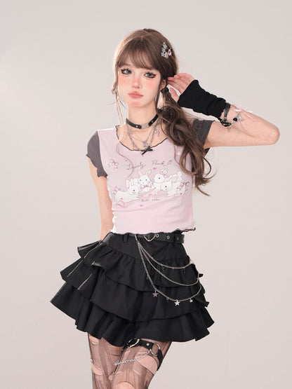 kelly kitty Black Puffy Cake A Line High Waist Mini Women&