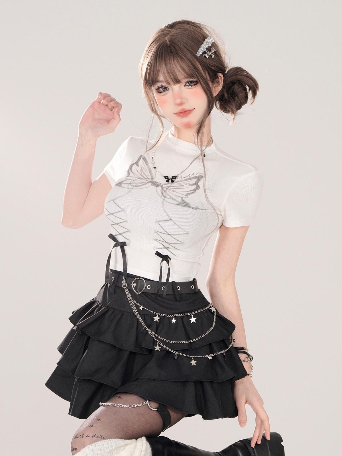 kelly kitty Black Puffy Cake A Line High Waist Mini Women&