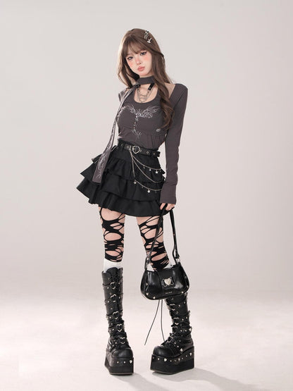 kelly kitty Black Puffy Cake A Line High Waist Mini Women&
