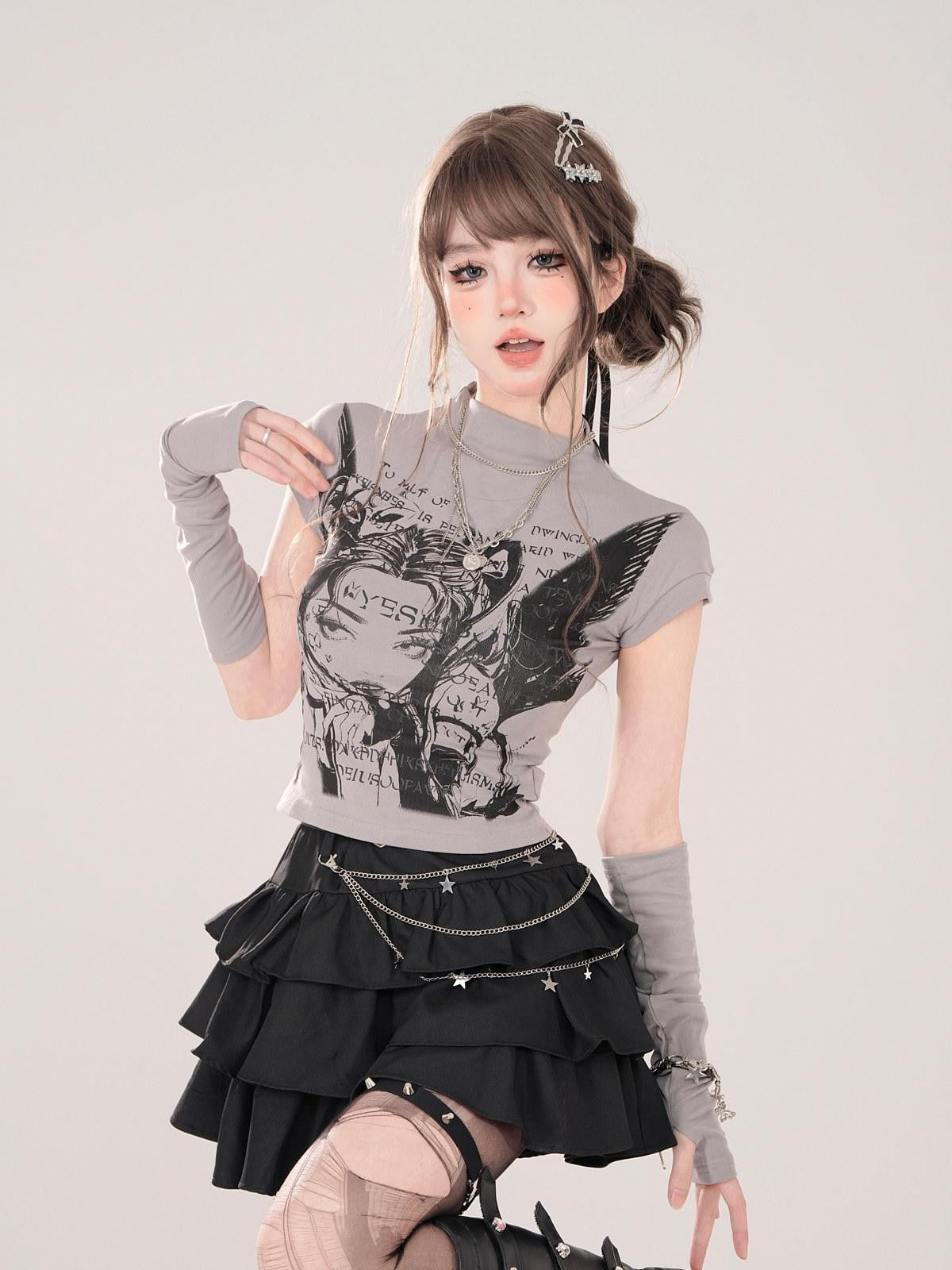 kelly kitty Black Puffy Cake A Line High Waist Mini Women&