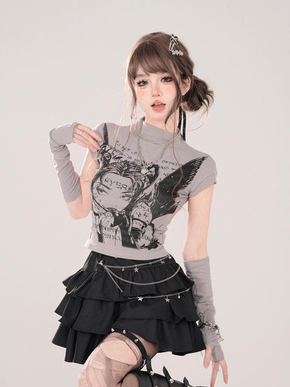 kelly kitty Black Puffy Cake A Line High Waist Mini Women&