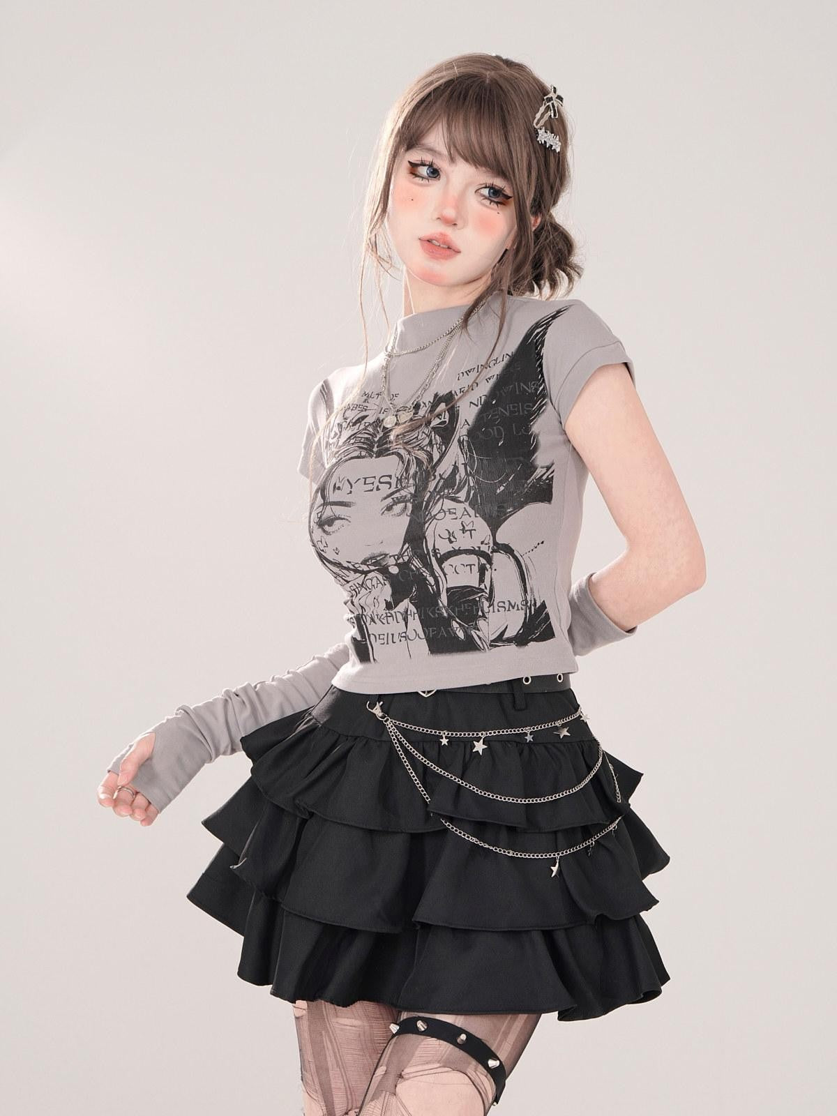 kelly kitty Black Puffy Cake A Line High Waist Mini Women&