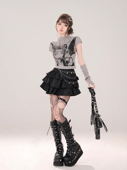kelly kitty Black Puffy Cake A Line High Waist Mini Women&