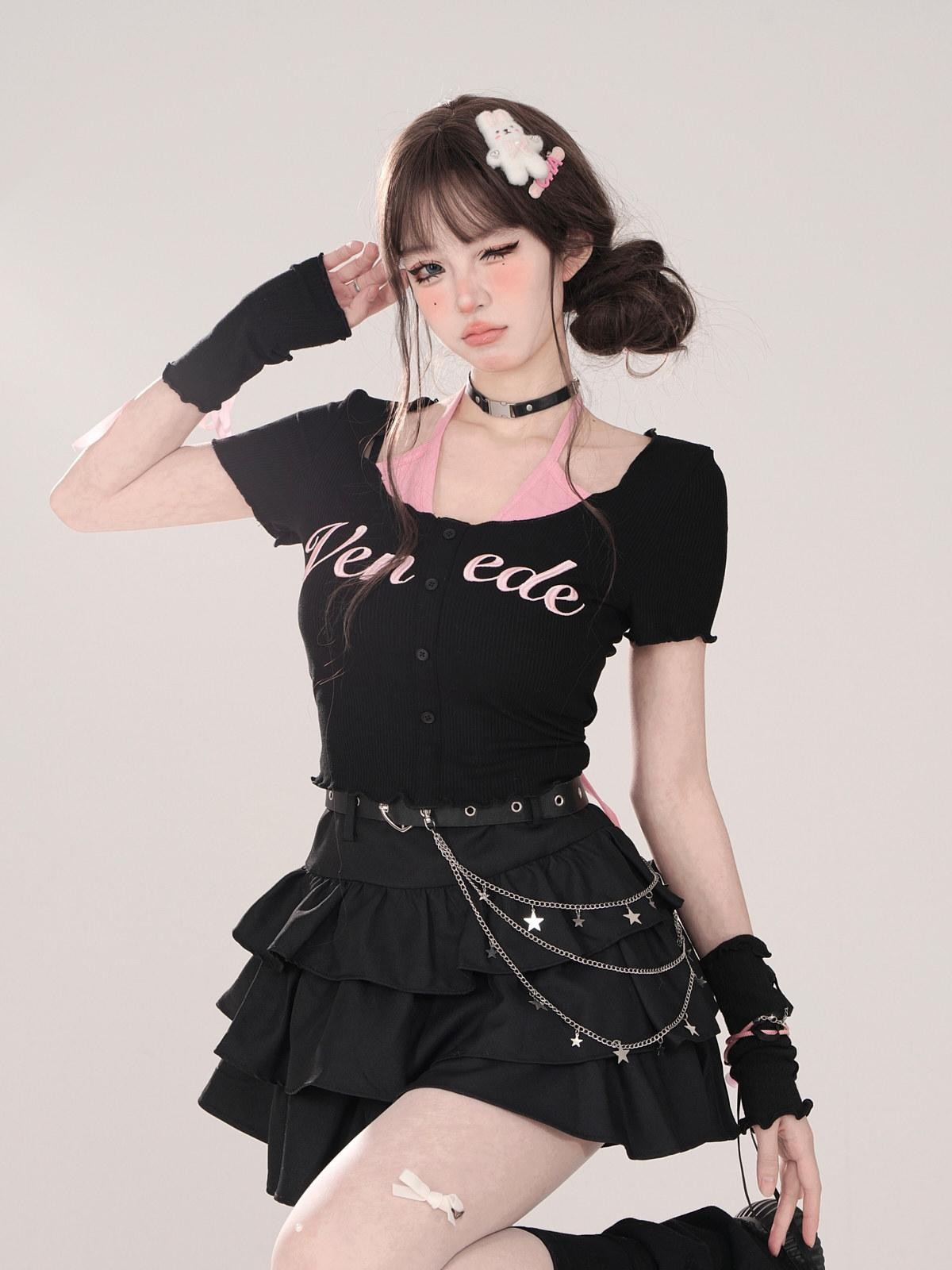 kelly kitty Black Puffy Cake A Line High Waist Mini Women&