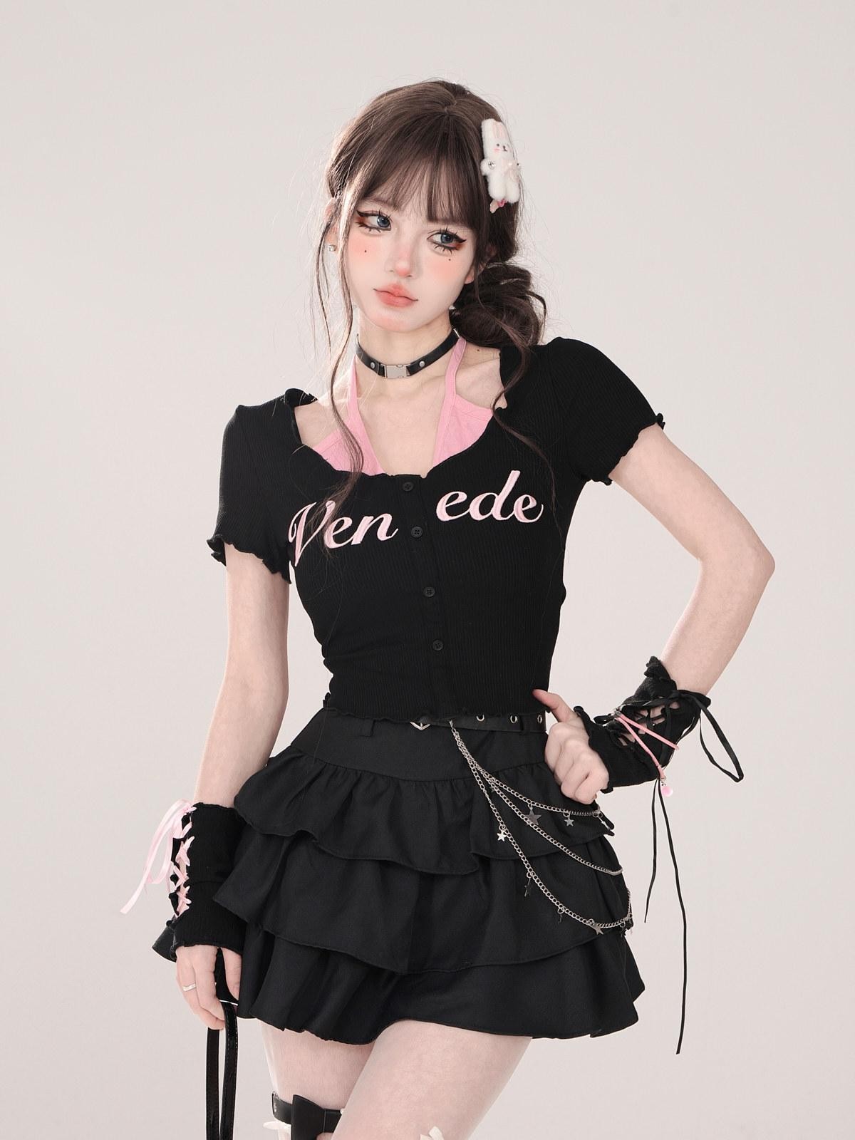 kelly kitty Black Puffy Cake A Line High Waist Mini Women&