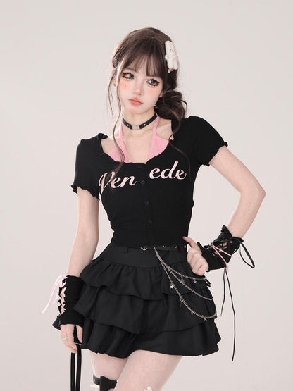 kelly kitty Black Puffy Cake A Line High Waist Mini Women&