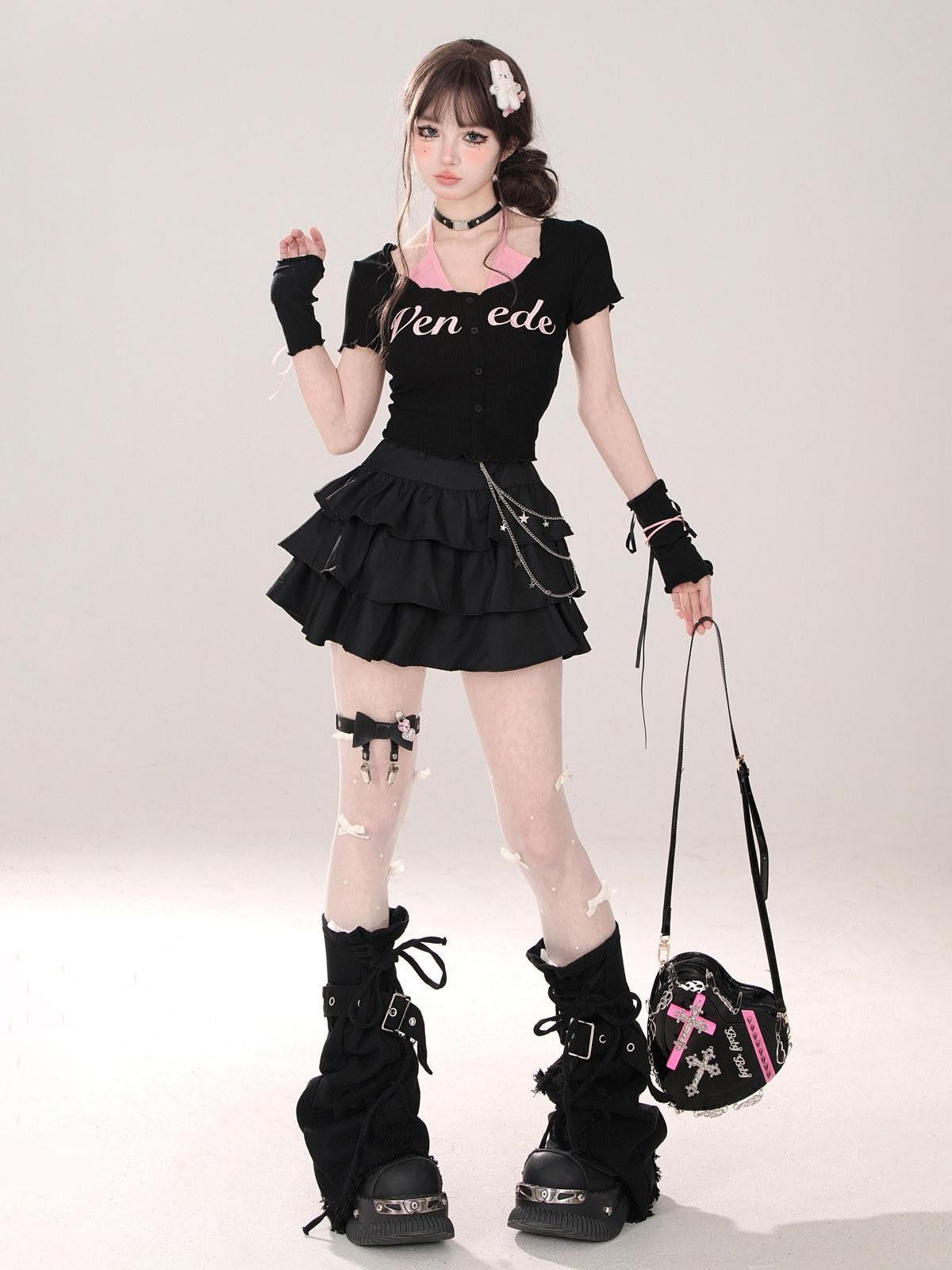 kelly kitty Black Puffy Cake A Line High Waist Mini Women&