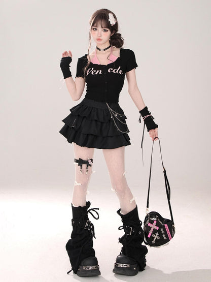 kelly kitty Black Puffy Cake A Line High Waist Mini Women&