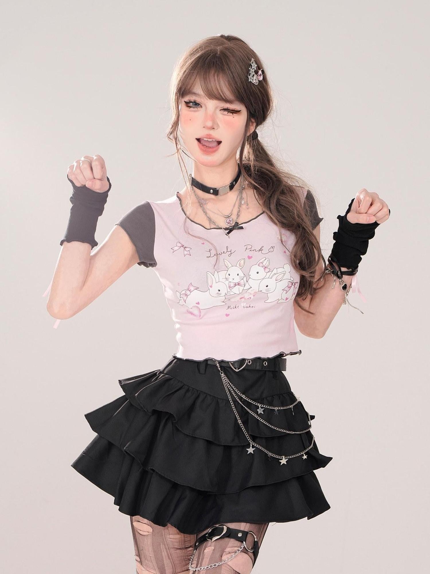 kelly kitty Black Puffy Cake A Line High Waist Mini Women&