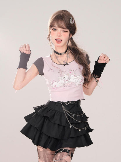 kelly kitty Black Puffy Cake A Line High Waist Mini Women&