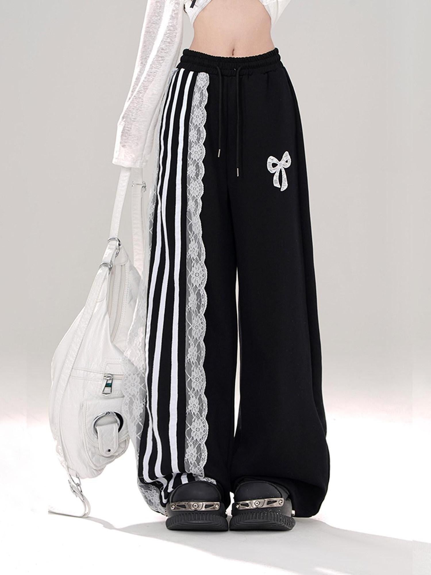kelly kitty Black Sporty Ballet Lace Striped Straight Relaxed Women&