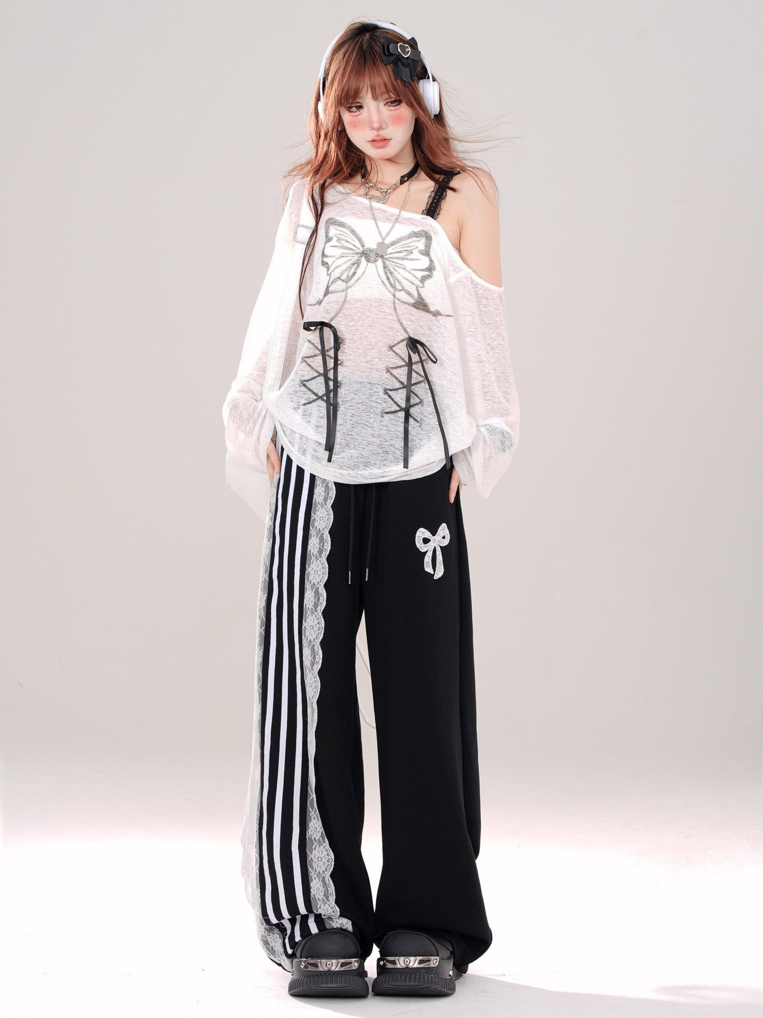kelly kitty Black Sporty Ballet Lace Striped Straight Relaxed Women&