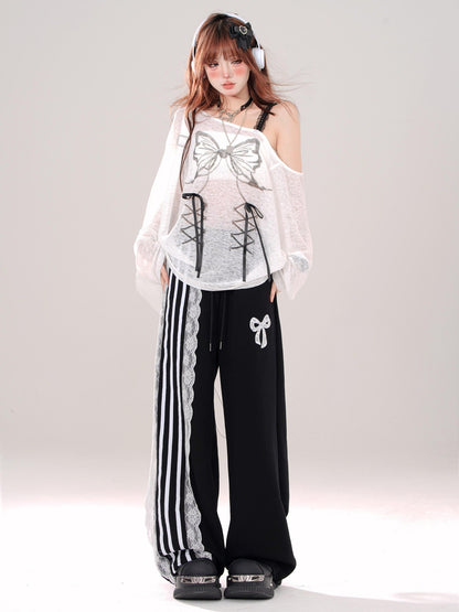 kelly kitty Black Sporty Ballet Lace Striped Straight Relaxed Women&