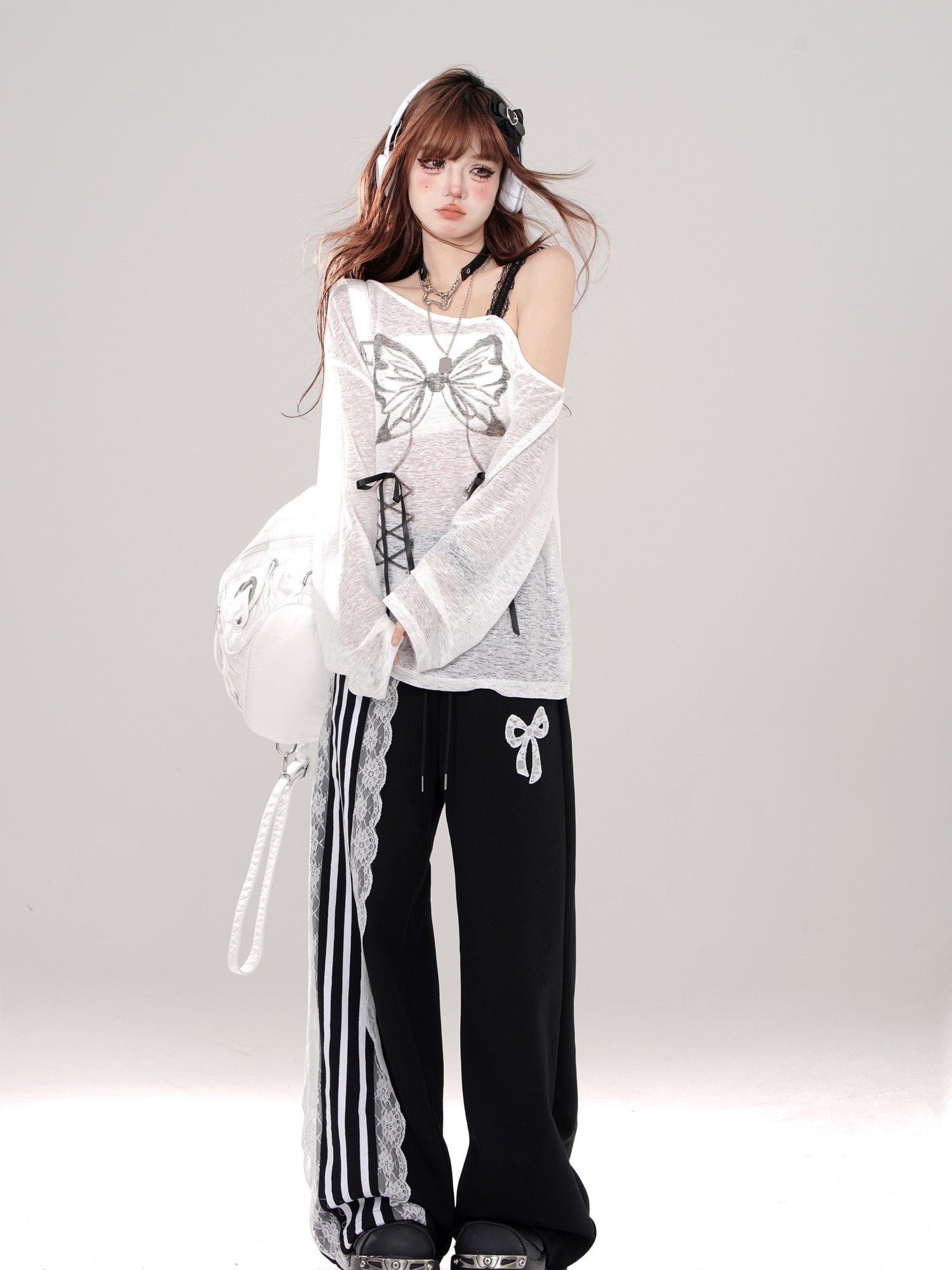 kelly kitty Black Sporty Ballet Lace Striped Straight Relaxed Women&