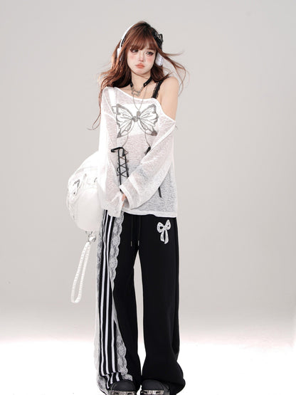 kelly kitty Black Sporty Ballet Lace Striped Straight Relaxed Women&