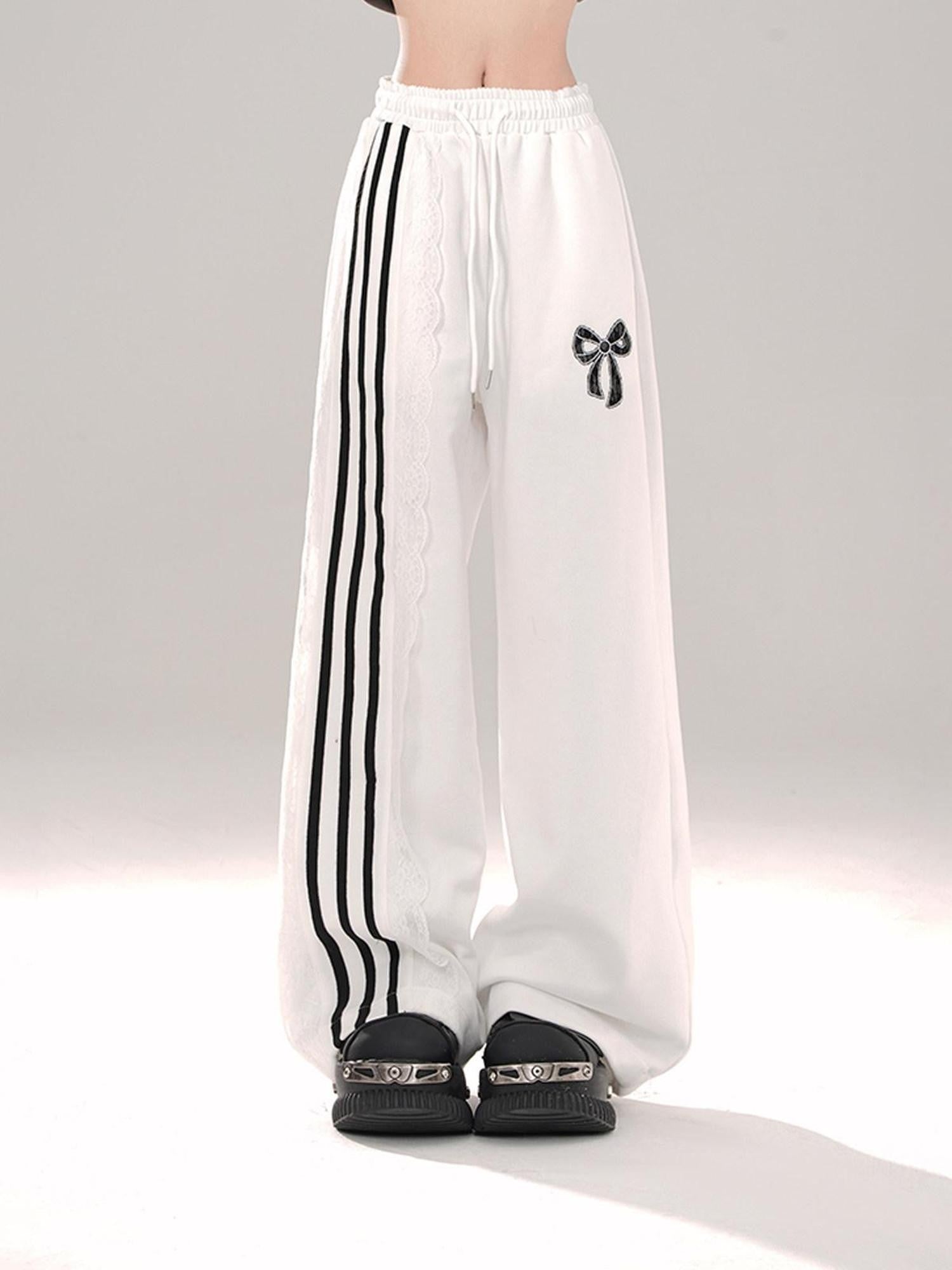kelly kitty Black Sporty Ballet Lace Striped Straight Relaxed Women&