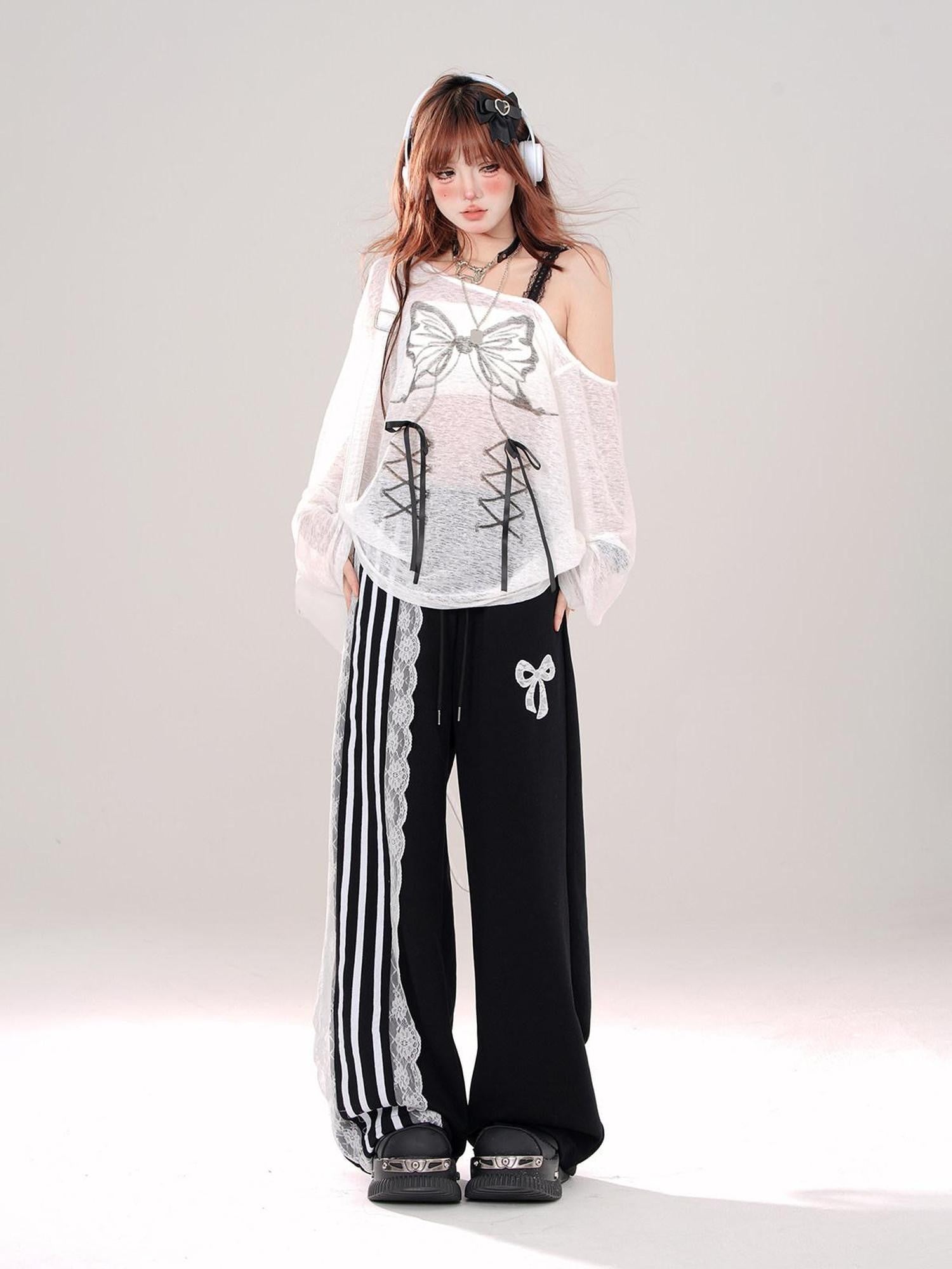 kelly kitty Black Sporty Ballet Lace Striped Straight Relaxed Women&