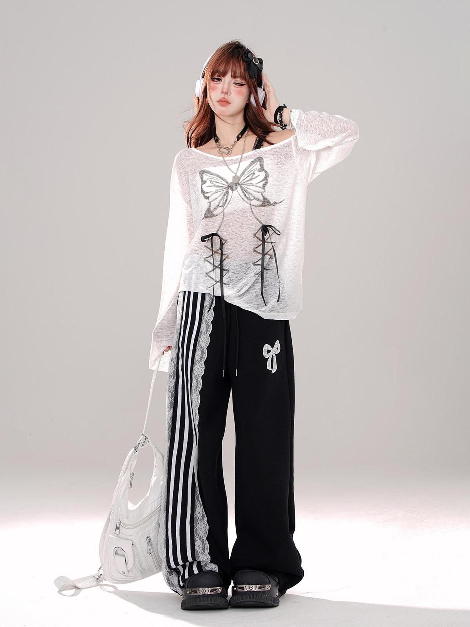 kelly kitty Black Sporty Ballet Lace Striped Straight Relaxed Women&