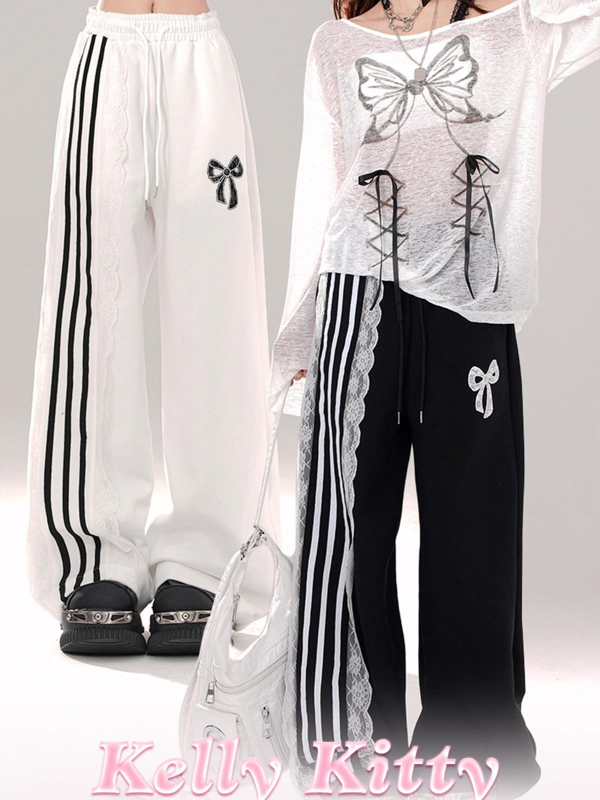 kelly kitty Black Sporty Ballet Lace Striped Straight Relaxed Women&