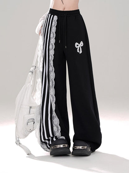 kelly kitty Black Sporty Ballet Lace Striped Straight Relaxed Women&