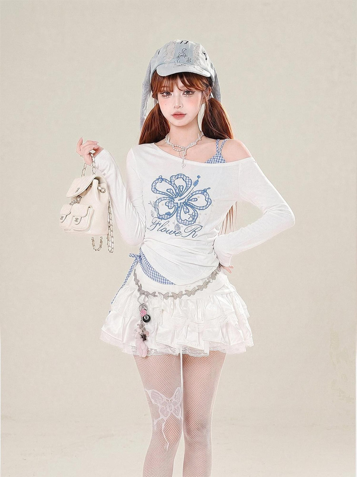 kelly kitty Blue Floral Plaid Embroidered Korean Layered Women&