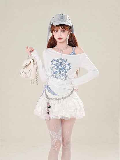 kelly kitty Blue Floral Plaid Embroidered Korean Layered Women&