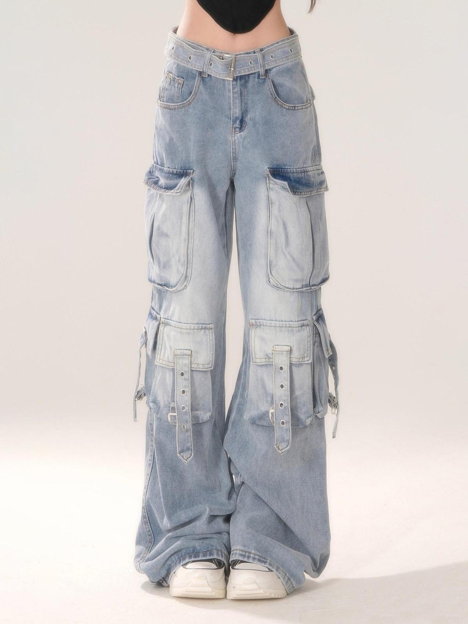 kelly kitty Blue Gradient Cheese Print Multiple Pockets Cargo Women&